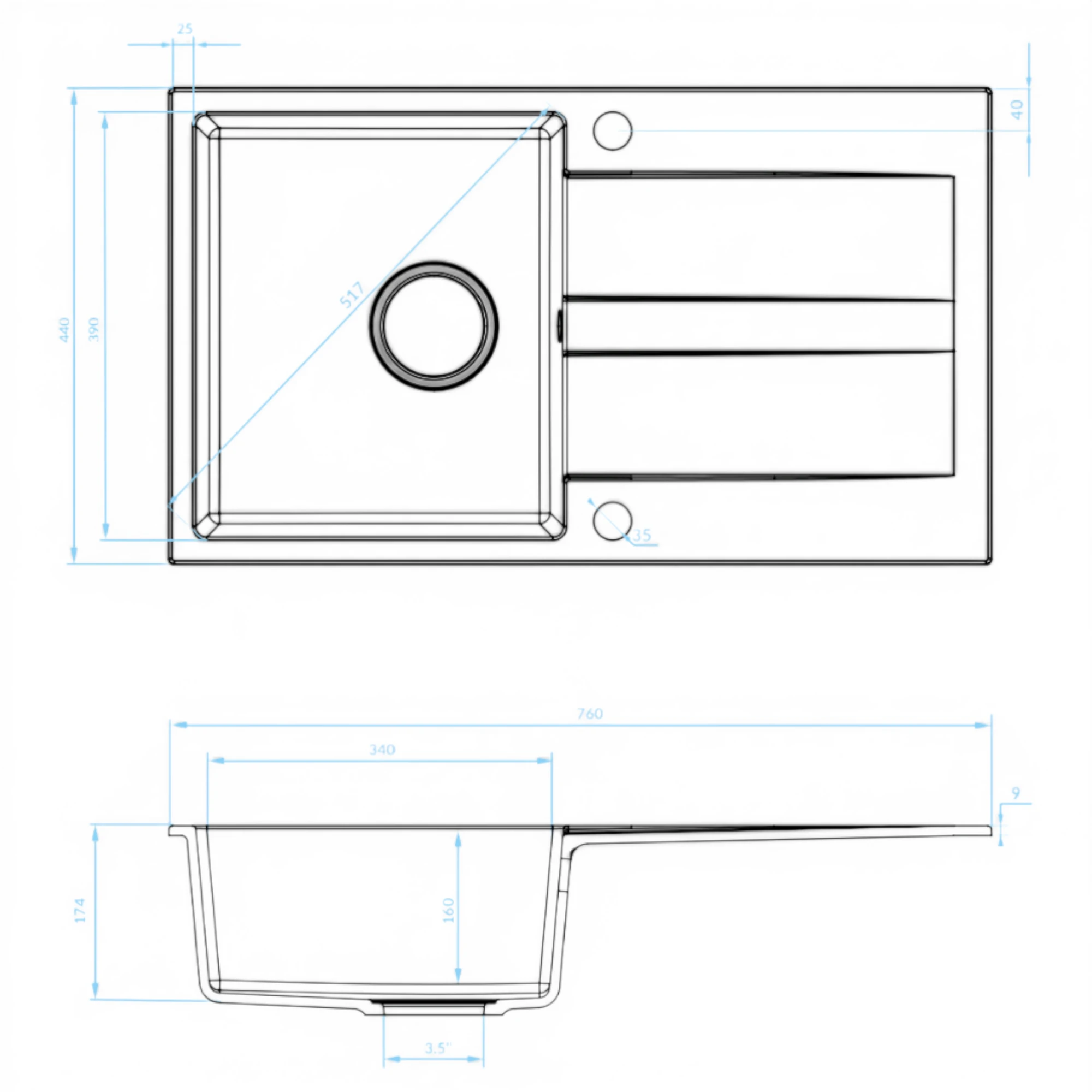  Backer NONA WING BLACK 760x440 Backer Кухонная мойка